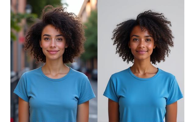 Before and after image demonstrating intelligent background removal of a model
