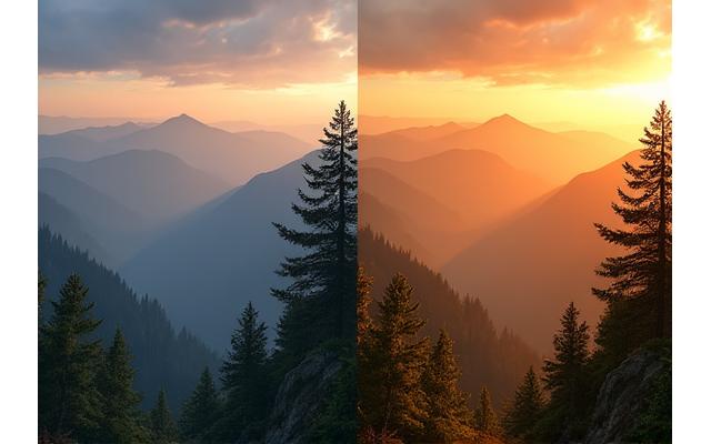 Before and after image demonstrating AI-powered color correction on a landscape