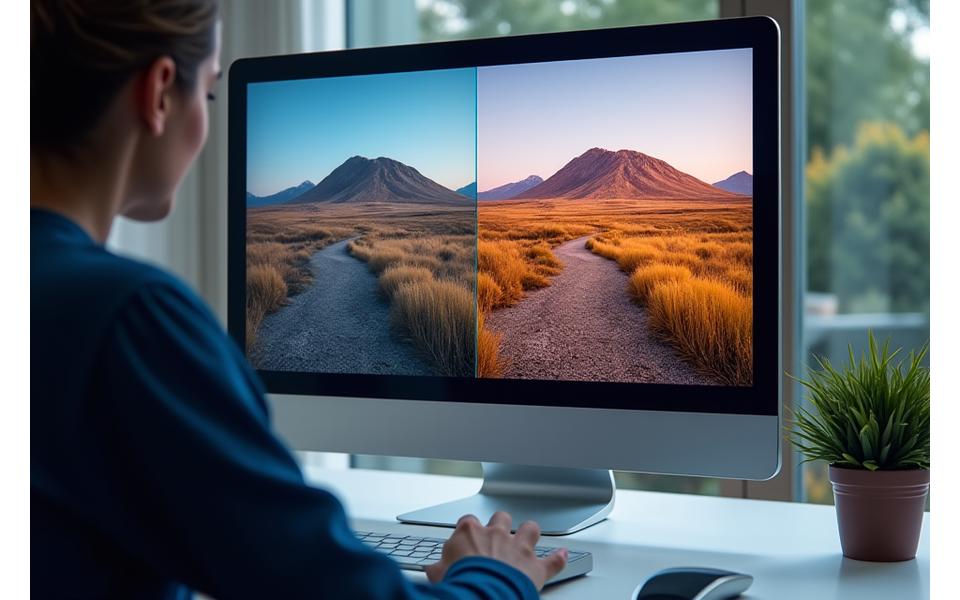 Interactive software interface mockup showing AI photo editing with before and after effects