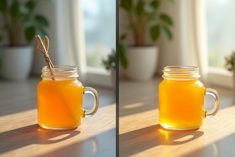 Before and after image of a product photo, showcasing AI-powered intelligent filters and enhancements for social media, with vibrant colors and clear details.