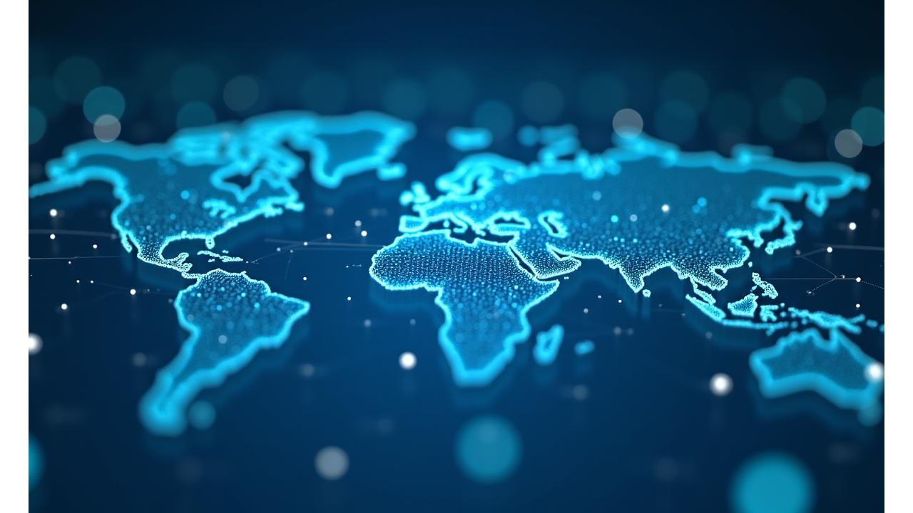 Abstract visualization of interconnected global cloud infrastructure for photo processing, showing speed and accessibility