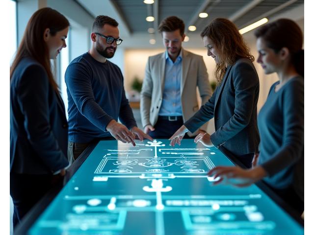 A diverse team of professionals collaboratively working on laptops and tablets, with a central diagram showing data migration, symbolizing support and smooth transition.