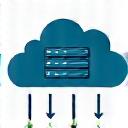 Icon depicting a cloud server rack with data flowing into it, symbolizing scalable cloud infrastructure.