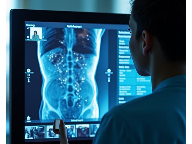 Doctor consulting remotely with AI enhanced images on screen