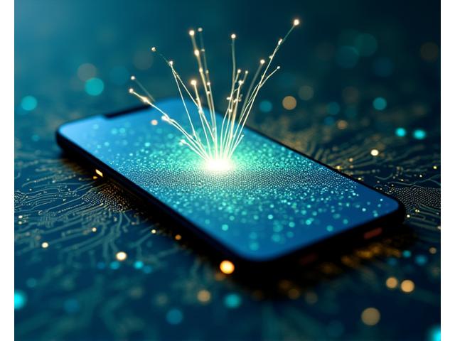 Visual representation of efficient AI model compression, showing complex algorithms condensed into a compact, fast-processing unit on a smartphone screen