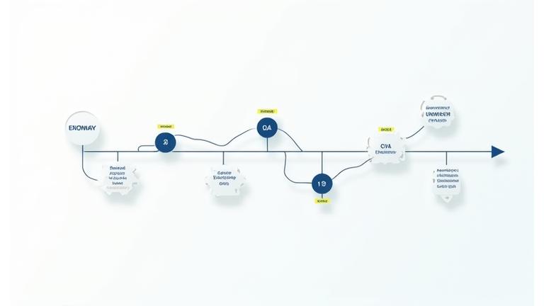 Infographic showing a simplified linear development timeline from idea to launch, with key milestones