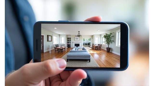 Mobile app screenshot showing real estate photo enhancement with virtual staging options