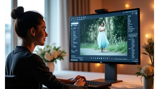 Photo of a busy wedding photographer editing at a computer