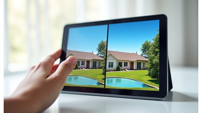 Mockup of a tablet showing a before and after photo of a house, inviting users to try the free enhancement service