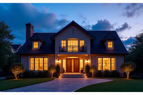 Daytime house exterior converted into an appealing twilight shot with warm interior lights