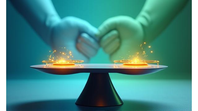Two hands shaking over a balanced scale, representing fairness and dispute resolution